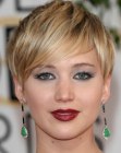 Jennifer Lawrence sporting a pixie cut with long bangs
