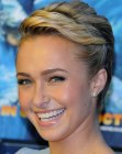 Hayden Panettiere's side parted pixie hairstyle with waved bangs