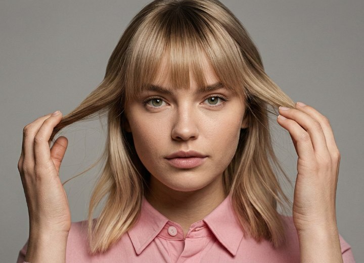 Blonde girl, checking her hair for damage