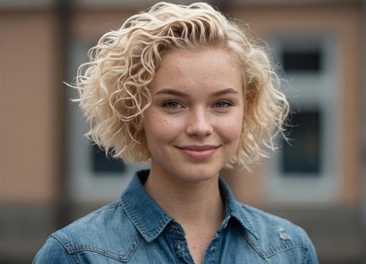 Permed short and curly blonde hair with gel styling