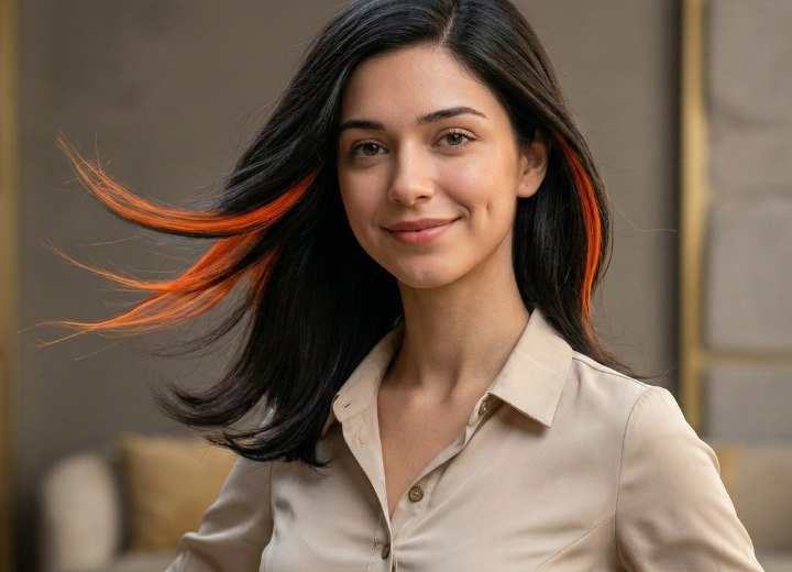 Girl with dark hair and hidden orange highlights