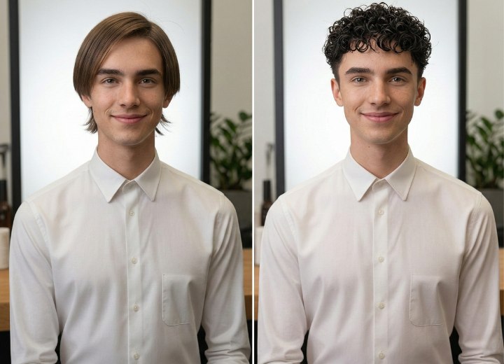 Man before and after getting his hair permed