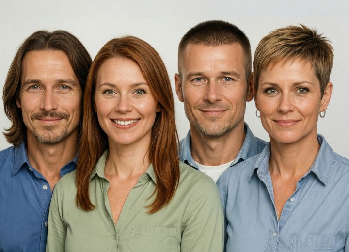 Group of men and women with long and short hair