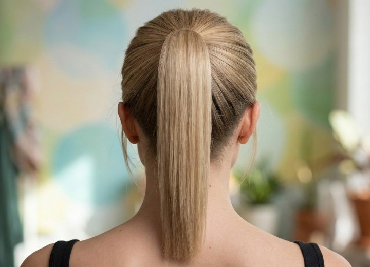 Woman who is wearing her hair in a high ponytail