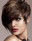 Short hairstyle with feathered layers and a neatly cut neck section