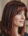 Sleek wine-colored shoulder-length hairstyle