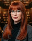 Long sleek red hair with bangs