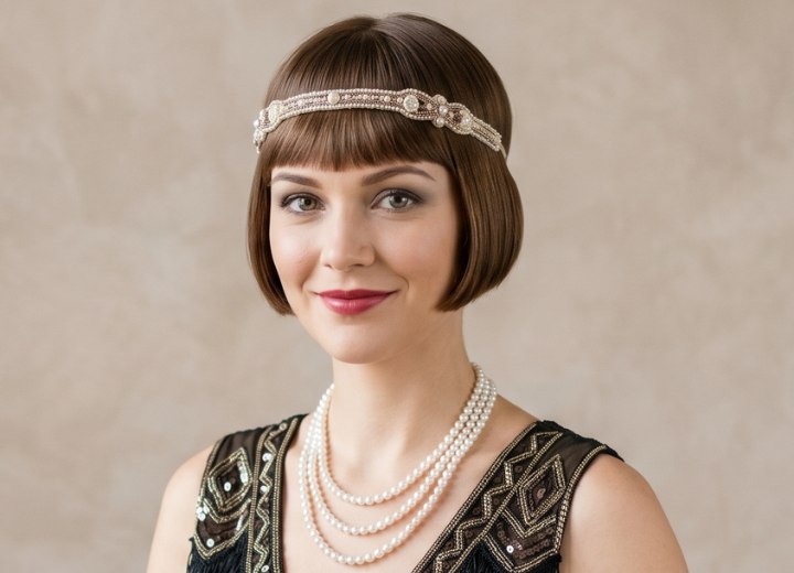 Short 1920s bob, adorned with a headband