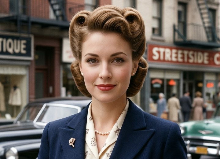 1950s hair styled in victory rolls