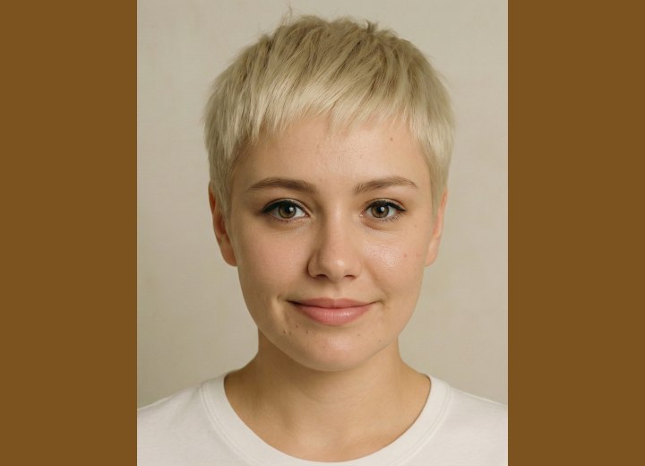 Blond pixie cut with mini bangs for a wedding