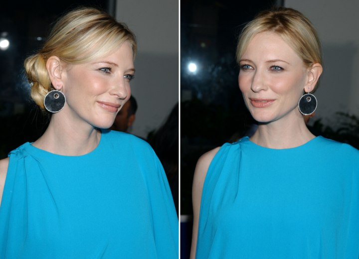 Cate Blanchett with her hair styled smoothly back in a 