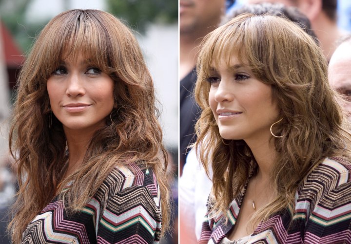Jennifer Lopez wearing her long hair with long over the brows bangs