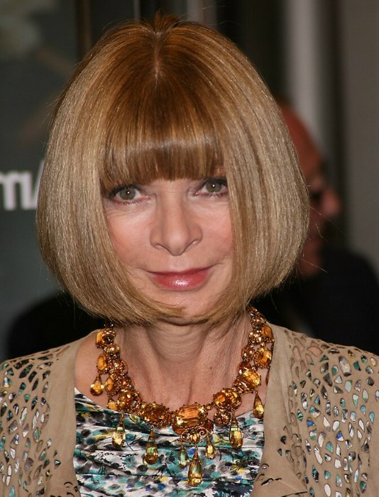 Anna Wintour's hair in a bob that is curved around her jaws