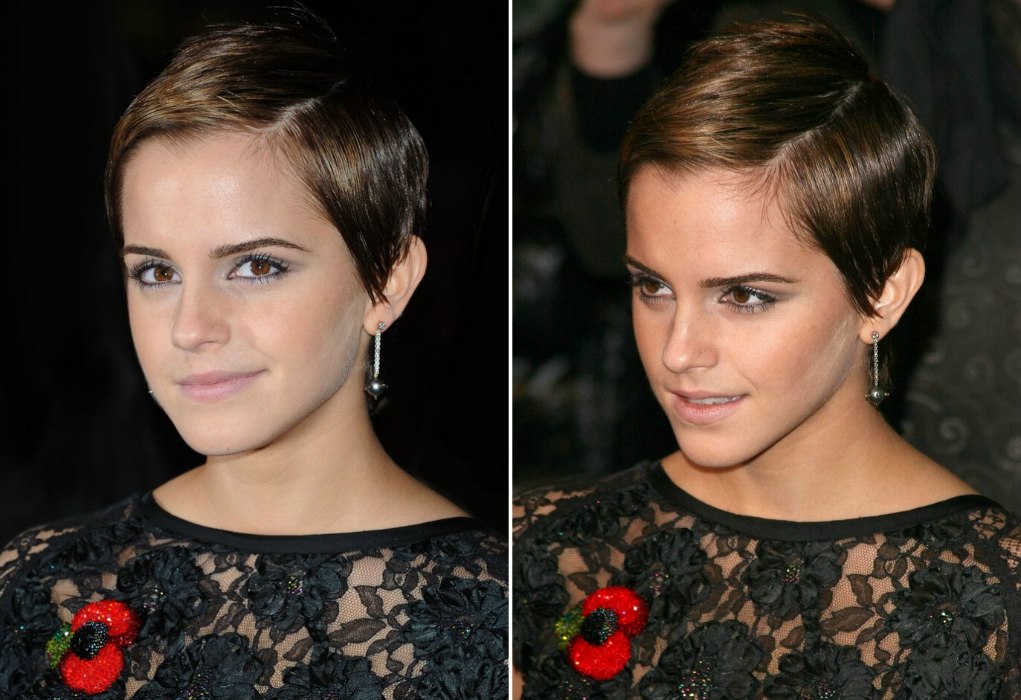 Emma Watson's pixie haircut with sophistication and slicked over bangs