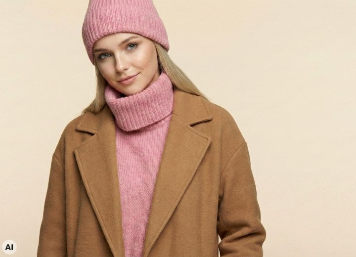 Frau mit langen blonden Haaren, Rollkragenpullover, Wintermantel und M&uuml;tze