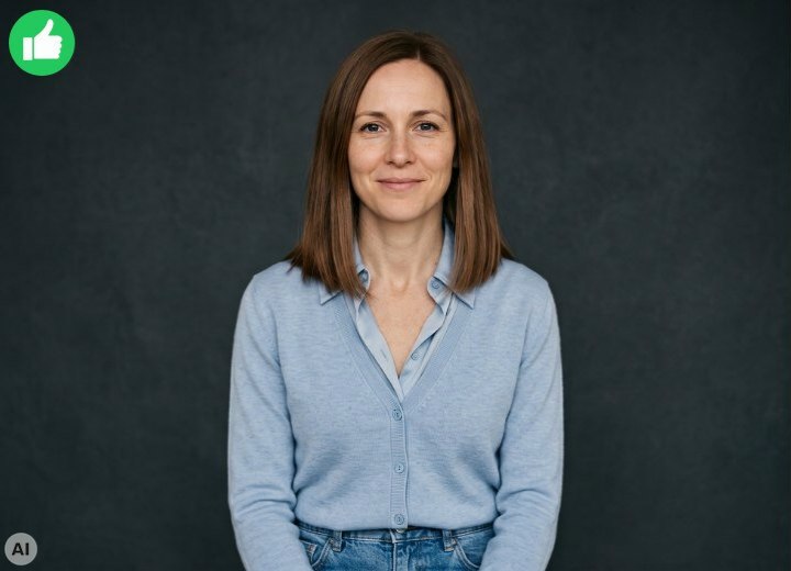 Frau in Schlankmach-Outfit: Hemdbluse unter einem Cardigan mit V-Ausschnitt