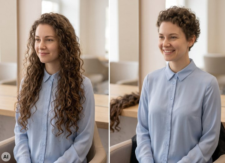 Lockiges Haar, Vorher-Nachher-Umstyling von lang auf kurz