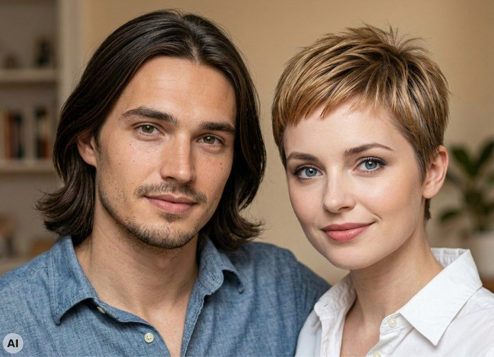 Mann mit langen Haaren und eine Frau mit sehr kurzen Haaren