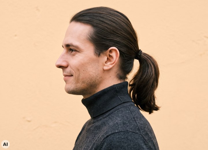 Mann, der seine Haare als Pferdeschwanz tr&auml;gt