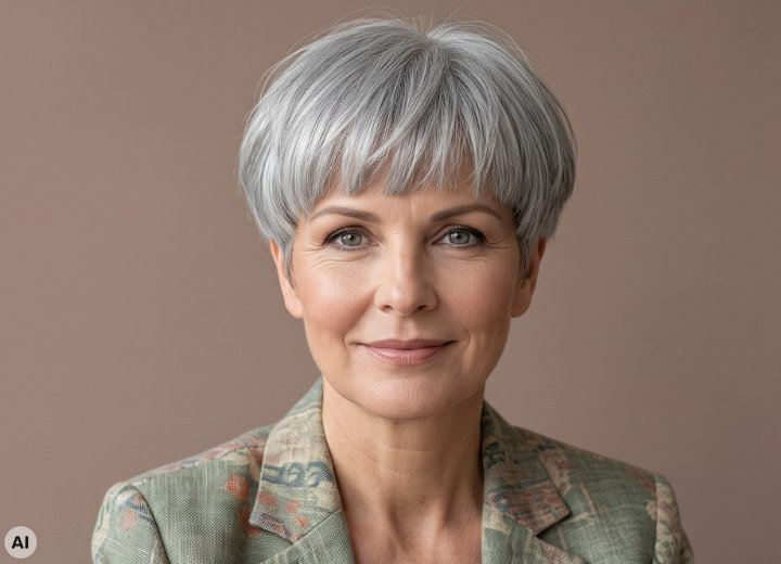 Frau mit trendigem, kurzem grauem Haar
