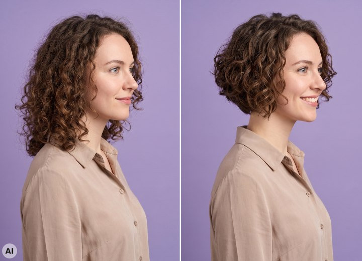 Umstyling von langem Lockenhaar zum lockigen, schrägen Bob
