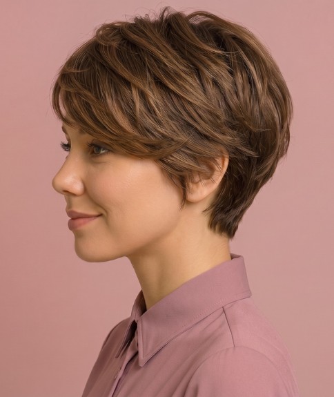 Peinado corto con capas para cabello castaño - Vista lateral