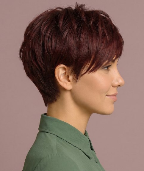 Estilo corto con flequillo para cabello castaño - Vista lateral