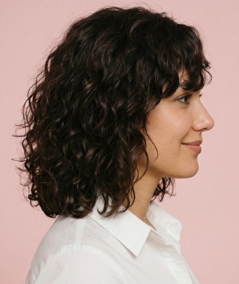 Cabello castaño en un bob largo con rizos