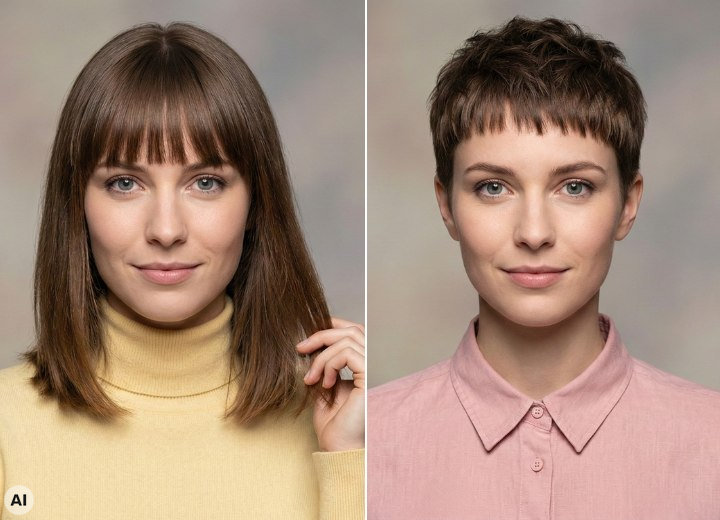 Mujer antes y despu&eacute;s de un cambio de look de largo a corto