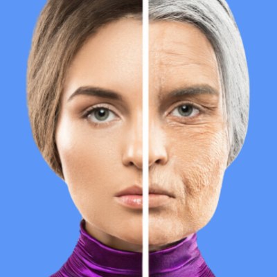 Mujer, antes y después del cabello gris