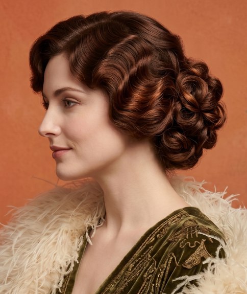 Coiffure des ann&eacute;es 1910 avec cheveux cuivr&eacute;s et ondulations