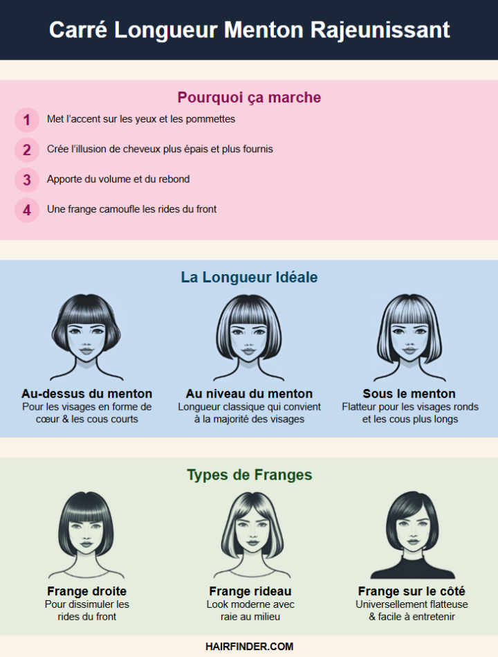 Infographie – Carré longueur menton avec une frange pour un effet rajeunissant
