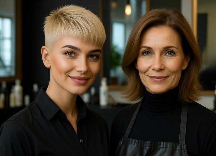 Deux coiffeuses, vêtues de noir