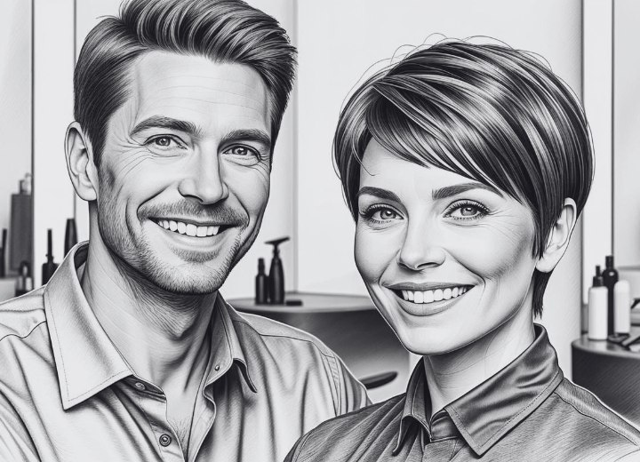 Couple heureux, avec la femme portant une coupe à la garçonne