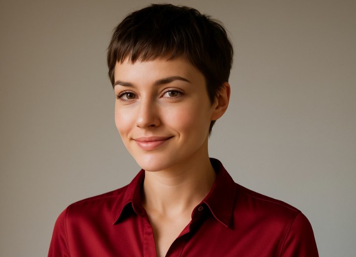 Une femme après avoir transformé ses cheveux longs en coupe pixie