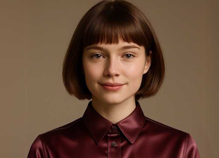 Fille avec les cheveux au carré et portant un chemisier en satin