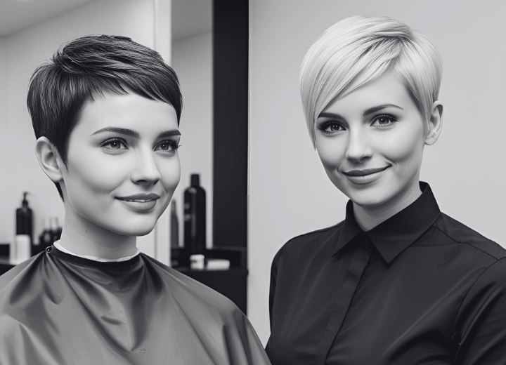 Modèle pour une école de coiffure et future coiffeuse arborant une coupe pixie