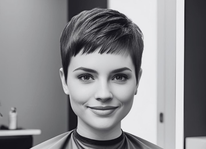 Modèle pour une école de coiffure portant une cape de coupe et affichant une coupe pixie
