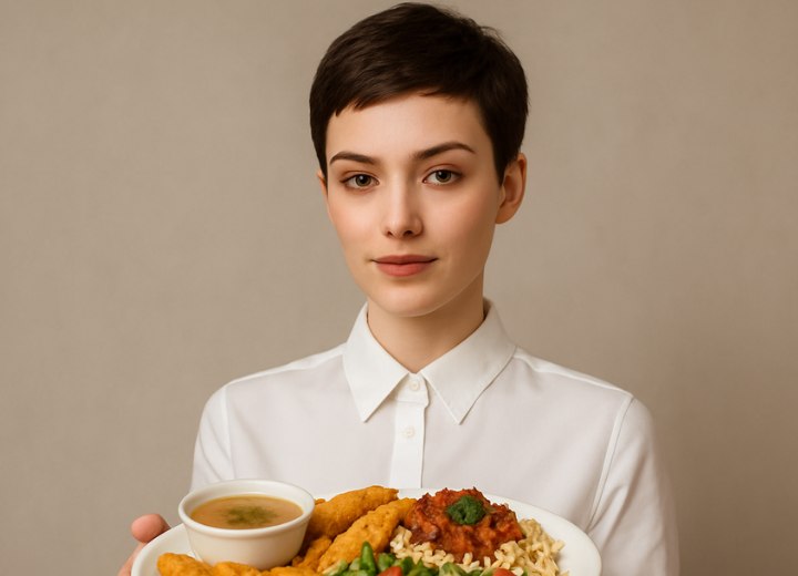 Femme aux cheveux courts servant de la nourriture
