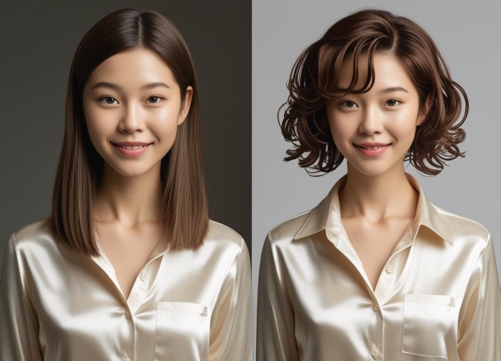 Relooking de cheveux asiatiques, de longs et lisses à courts et bouclés