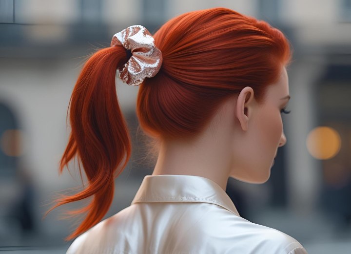 Cheveux roux en queue de cheval avec un chouchou