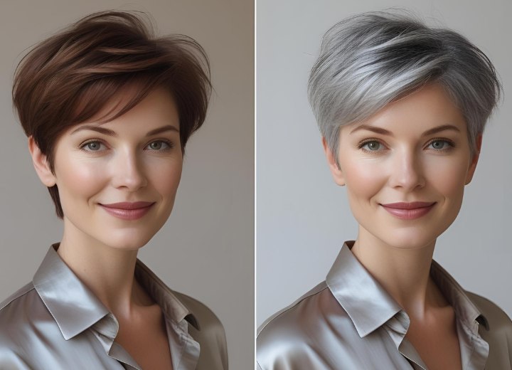 Femme aux cheveux courts, avant et après avoir grisonné