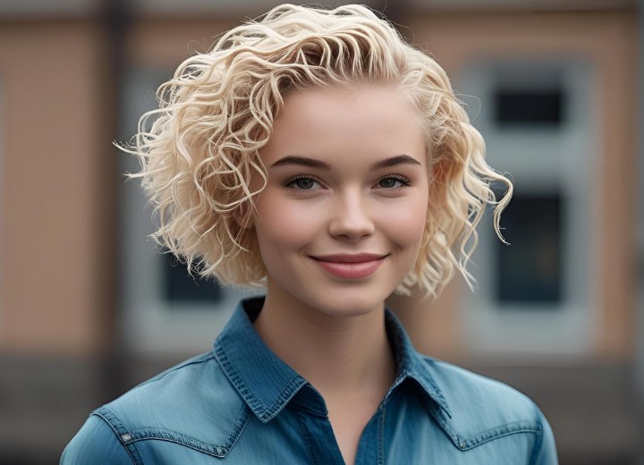 Cheveux courts blonds bouclés avec une permanente et un coiffage au gel