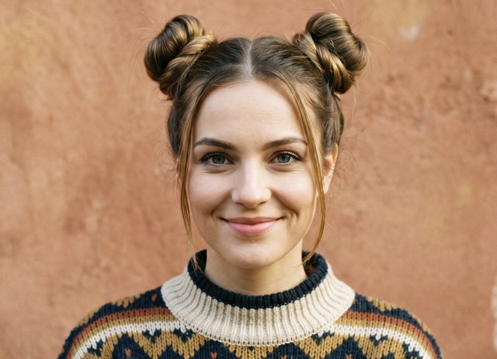 Cheveux des années 1990 avec des chignons macarons