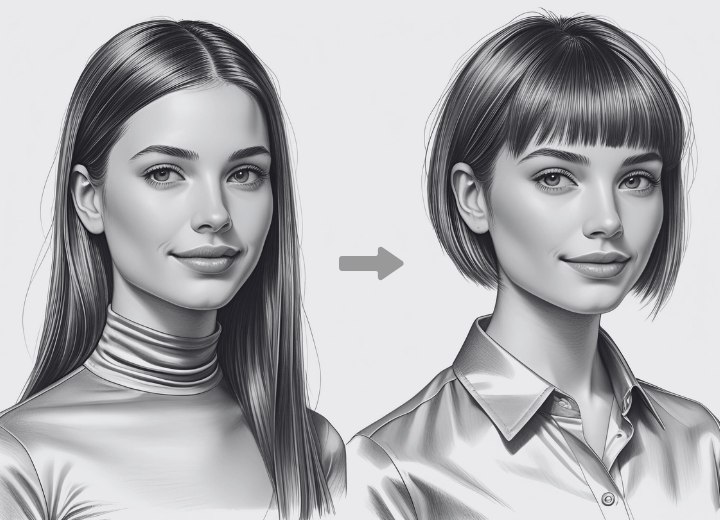 Transformation de cheveux longs en carré court