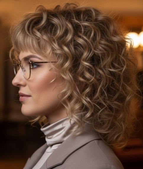 Coupe mi-longue bouclée inspiré des années 1970 – Vue de côté