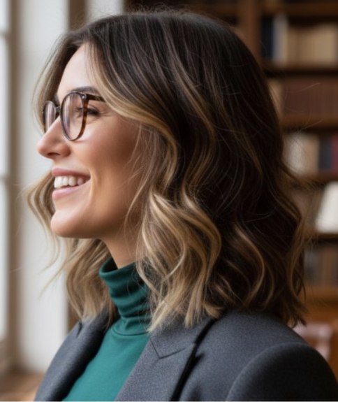 Coiffure ondulée longueur épaules – Vue de côté