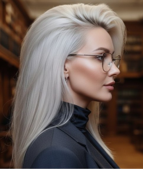 Coiffure longue, lisse et uniforme blond platine – Vue de côté