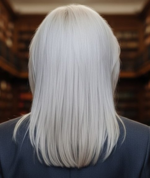 Coupe longue pour cheveux blond platine – Vue de dos