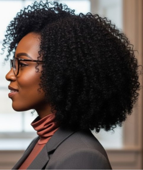 Style mi-long pour cheveux très bouclés – Vue de côté